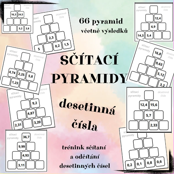 Sčítací pyramidy - DESETINNÁ ČÍSLA (66 karet a výsledky)