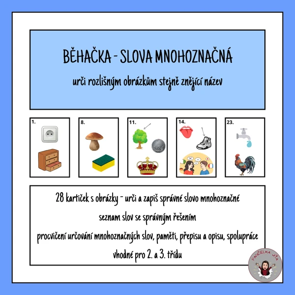 Běhačka - slova mnohoznačná - urči rozlišným obrázkům jejich společný název