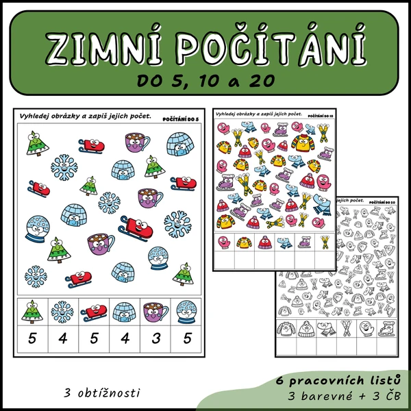 Zimní počítání obrázků - počítání do 5, do 10 a do 20