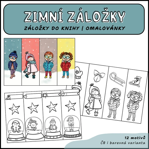 Zimní záložky do knihy - omalovánky