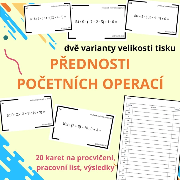 PŘEDNOSTI POČETNÍCH OPERACÍ - 20 karet, pracovní list, řešení