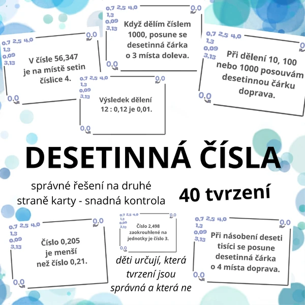 Desetinná čísla - 40 tvrzení (kontrola na druhé straně)