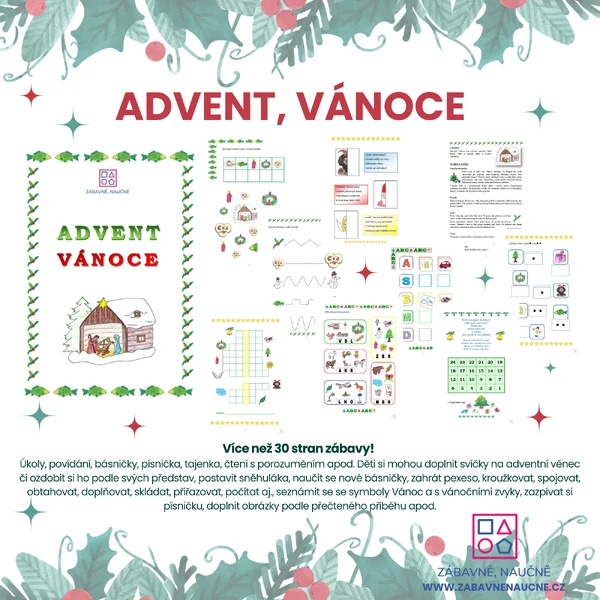 ADVENT, VÁNOCE - pracovní listy, autorské básničky, luštění, doplňování, pexeso a další (výukový materiál) 