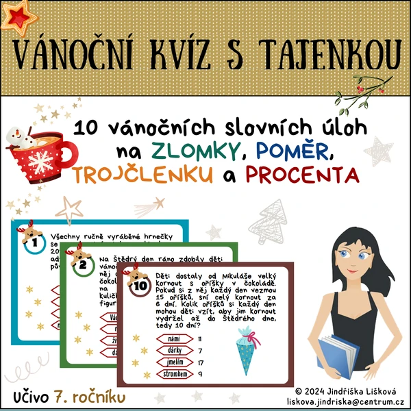 Vánoční kvíz s Tajenkou - ZLOMKY, POMĚR, TROJČLENKA, PROCENTA