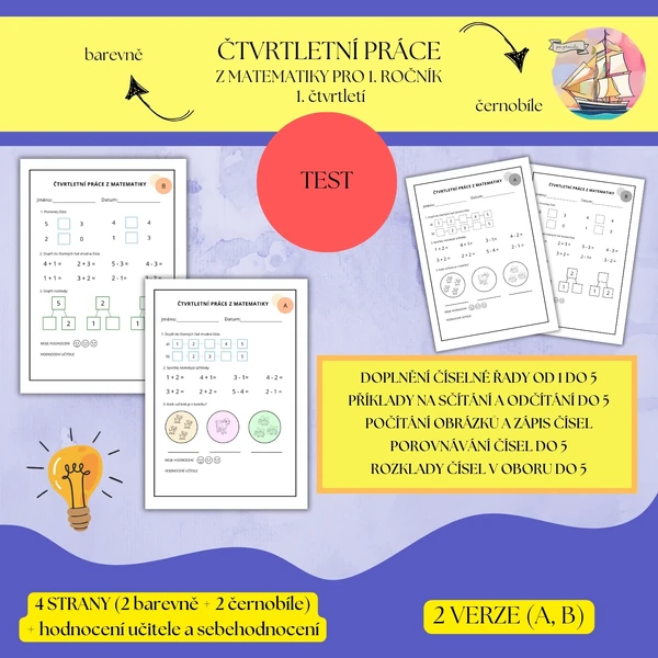 Čtvrtletní práce z matematiky pro 1. třídu (1. čtvrtletí)