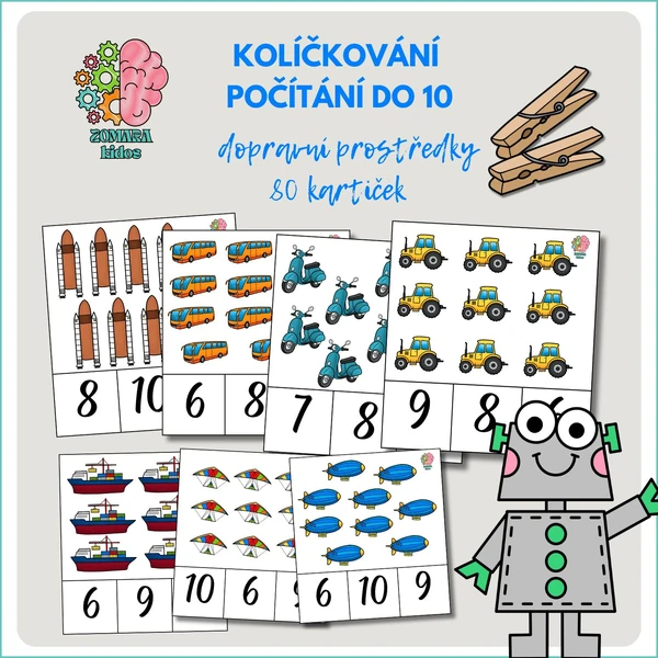 Kolíčkování - počítání do 10, dopravní prostředky