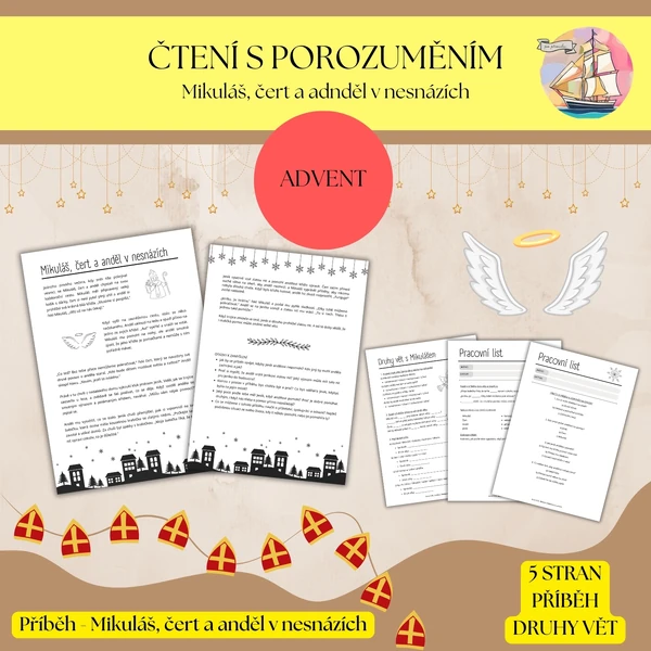 Mikuláš, čert a anděl - čtení s porozuměním + druhy vět