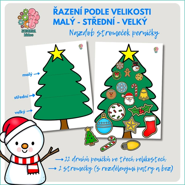 Řazení podle velikosti malý x střední x větší - ozdob si stromeček