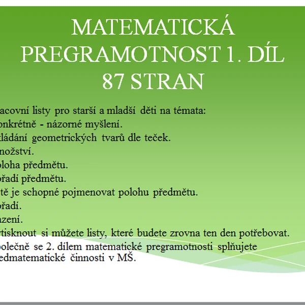 Matematická pregramotnost 1. díl, Předmatematické činnosti v MŠ