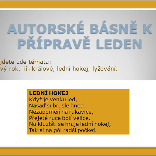 Autorské básně na téma leden: Lyžování, lední hokej, Tři králové, Nový rok.