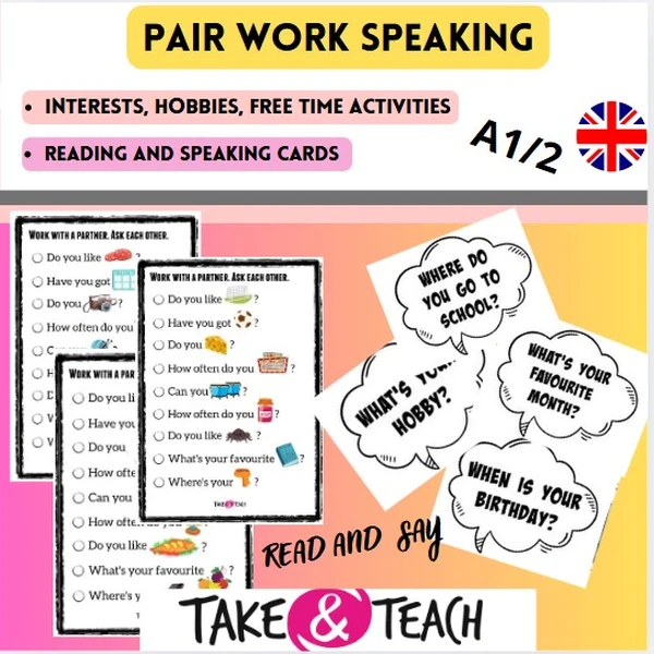 SPEAKING AND READING CARDS - PAIR WORK QUESTIONS INTERESTS
