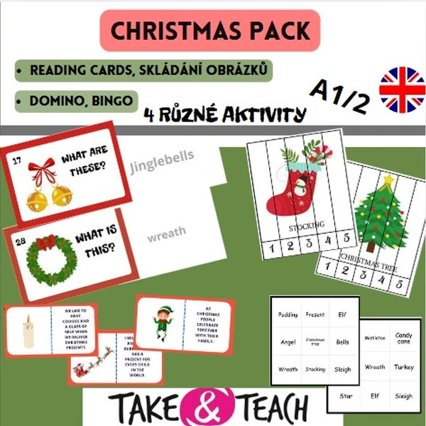 CHRISTMAS PACK - DOMINO, BINGO, SKLÁDÁNÍ OBRÁZKŮ, READING CARDS - ČTECÍ KARTY