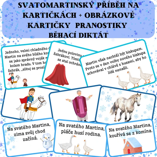 Svatomartinský příběh na kartičkách + obrázkové kartičky + pranostiky + běhací diktát