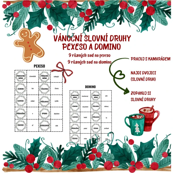 Vánoční slovní druhy- pexeso a domino (9 různých sad)