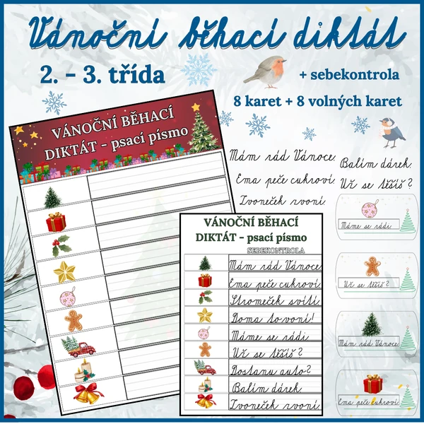 VÁNOCE - BĚHACÍ DIKTÁT - PSACÍ PÍSMO - 2. -3. třída