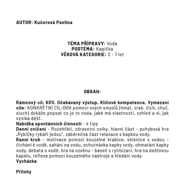 Metodická příprava do MŠ na jeden den - VODA - nabídka činností