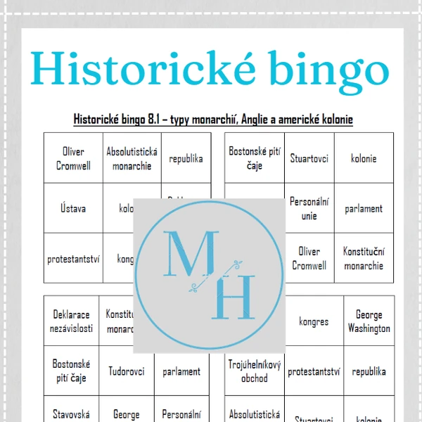 Historické bingo 8.1 - typy monarchií, Anglie a americké kolonie