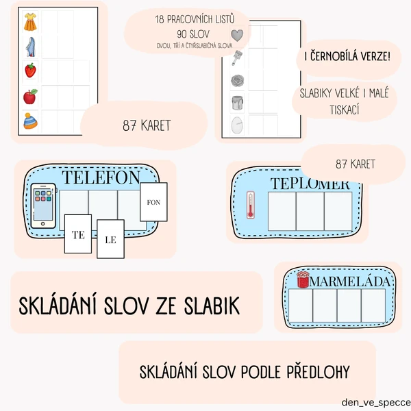 skládání slov ze slabik + skládání podle předlohy 