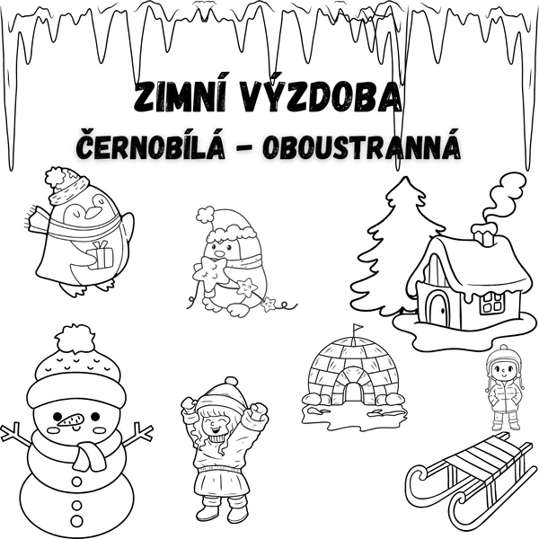 Zimní, vánoční výzdoba oken a třídy - černobílý, oboustranný
