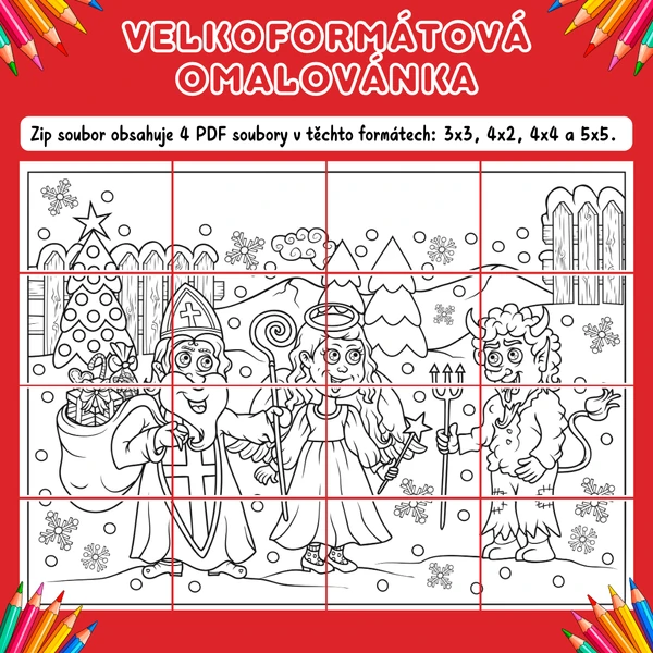 Velkoformátová omalovánka - Mikuláš, čert, anděl
