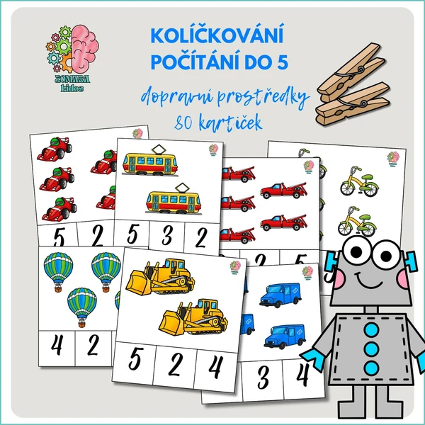 Kolíčkování - počítání do 5, dopravní prostředky