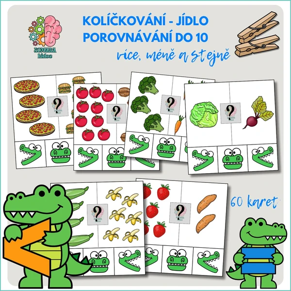 Kolíčkování jídlo - porovnávání do 10 (více, méně, stejně)