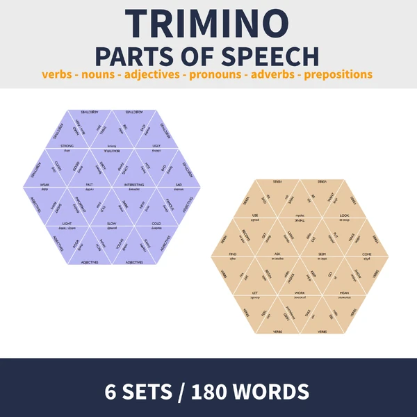 ENG - PARTS OF SPEECH (TRIMINO, 6 HER - nouns, verbs, pronouns, adverbs, prepositions, adjectives)