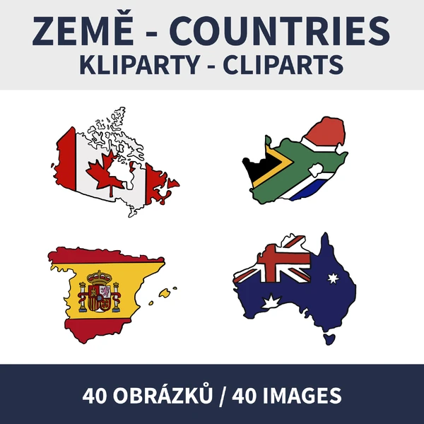 KLIPARTY, CLIPARTS - ZEMĚ, COUNTRIES (40 zemí - obrysy a vlajky)