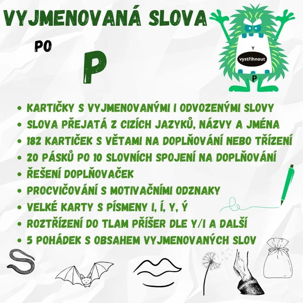 Vyjmenovaná slova po P - kartičky, testy, doplňování, významy slov