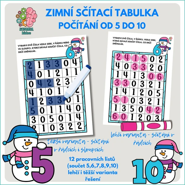 Zimní sčítací tabulka - počítání od 5 do 10