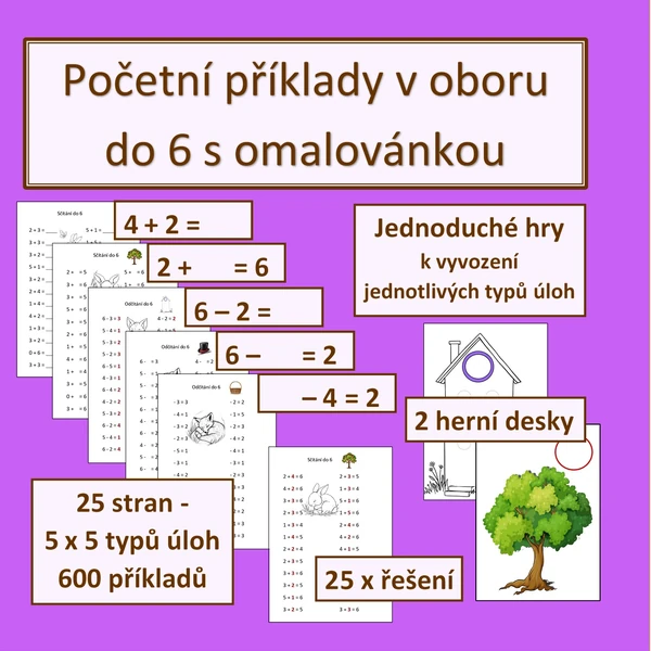 Početní příklady v oboru do 6 s omalovánkou