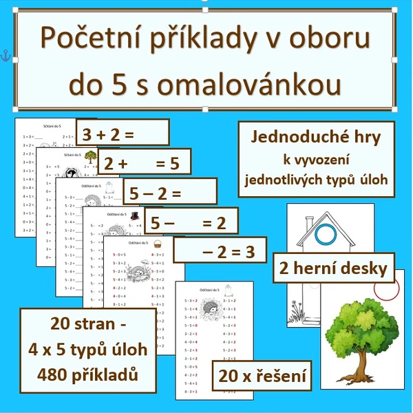 Početní příklady v oboru do 5 s omalovánkou