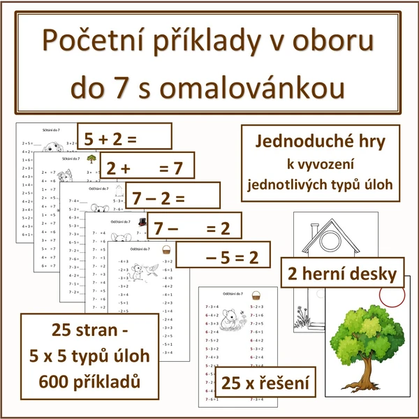 Početní příklady v oboru do 7 s omalovánkou