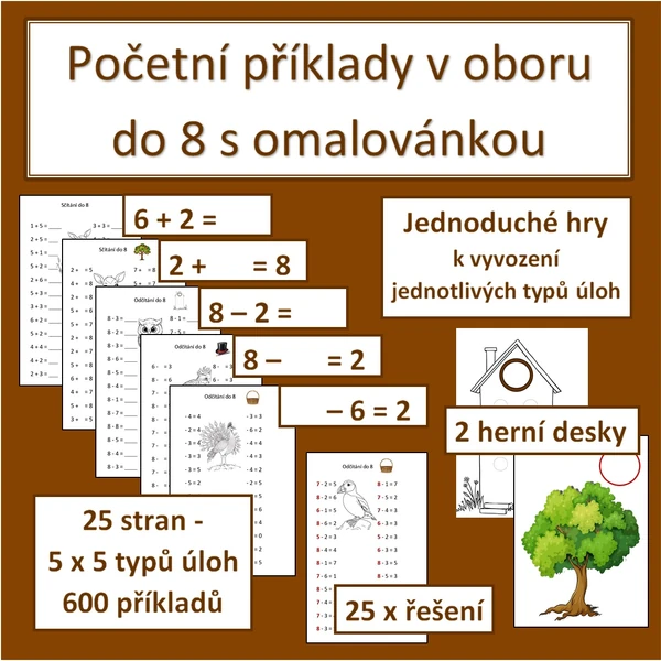 Početní příklady v oboru do 8 s omalovánkou