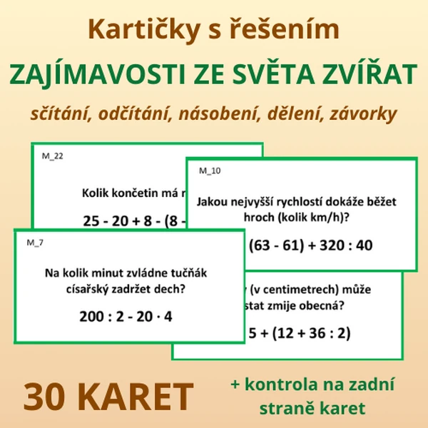 Kartičky s řešením – zajímavosti ze světa zvířat - přednosti matematických operací