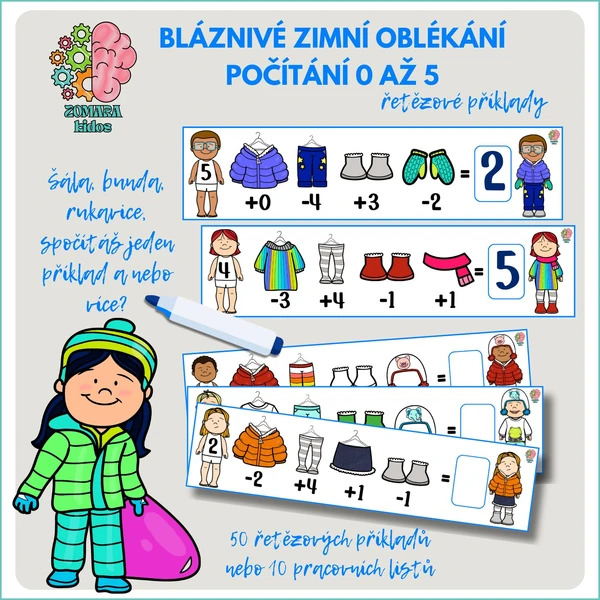 Počítání 0 až 5, řetězové příklady - bláznivé zimní oblékání