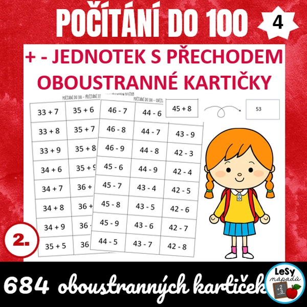 Počítání do 100, přičítání a odčítání jednotek s přechodem - oboustranné kartičky
