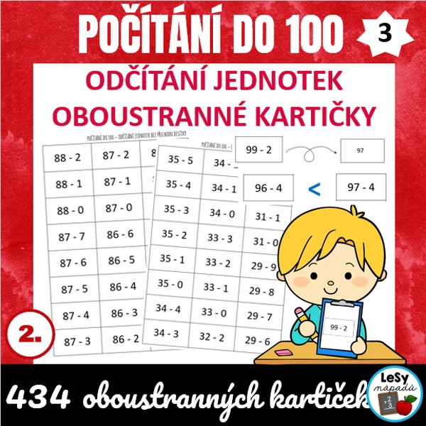 Počítání do 100, odčítání jednotek bez přechodu - oboustranné kartičky