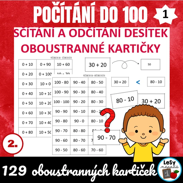 Počítání do 100, sčítání a odčítání desítek - oboustranné kartičky