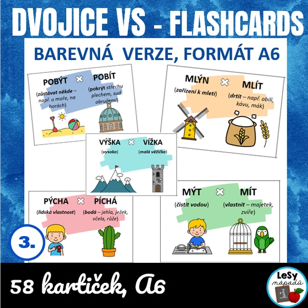 Dvojice vyjmenovaných slov - flashcards, barevná verze