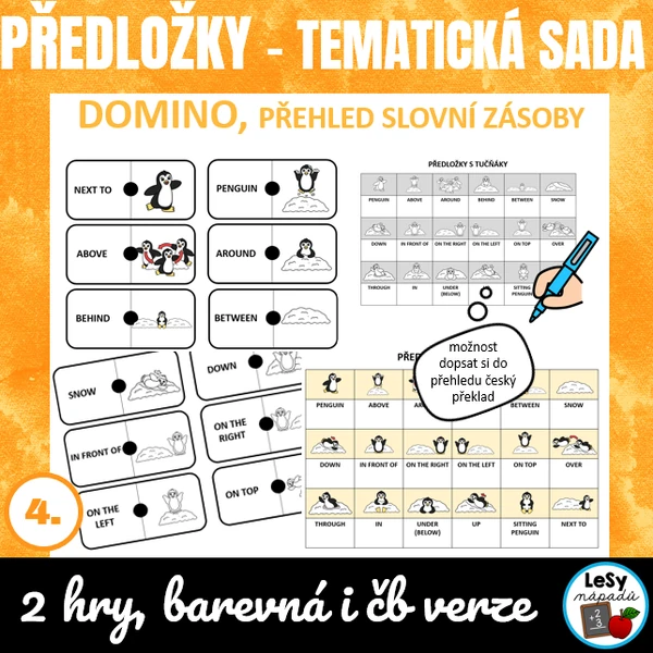 AJ: Obrázkové domino - předložky s tučňáky