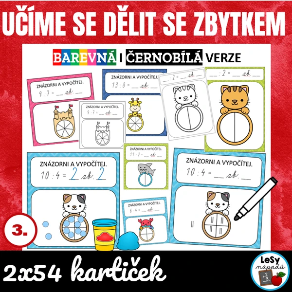 Učíme se dělit se zbytkem - názorné kartičky