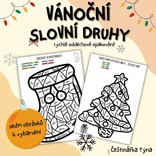 Vánoční slovní druhy - vybarvování obrázků