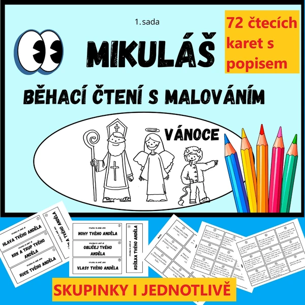 Mikuláš - Vánoce - Anděl - BĚHACÍ ČTENÍ S POPISEM A MALOVÁNÍM
