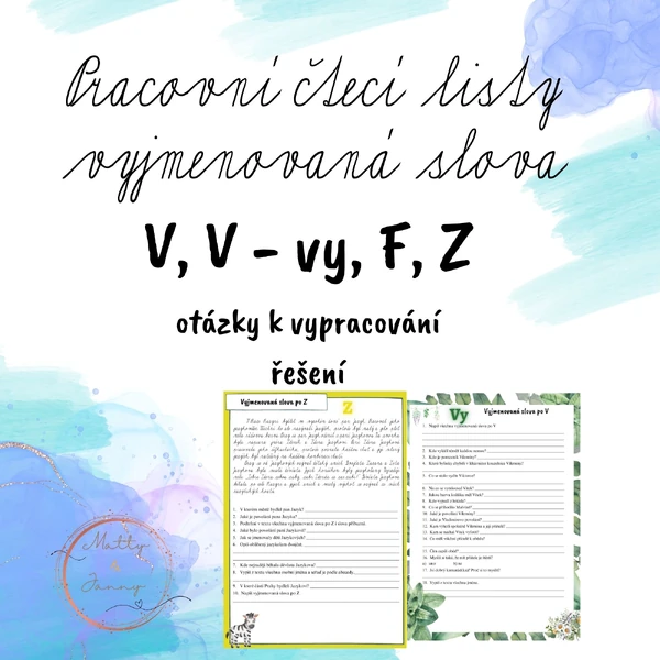 Pracovní čtecí listy vyjmenovaná slova V, V - vy, F, Z