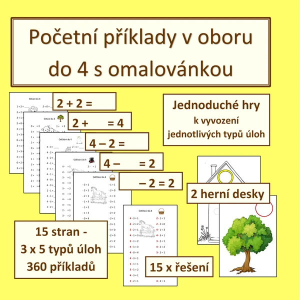 Početní příklady v oboru do 4 s omalovánkou