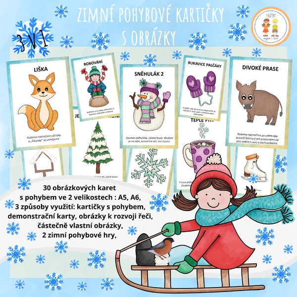 Zimní pohybové kartičky s obrázky - 3v1