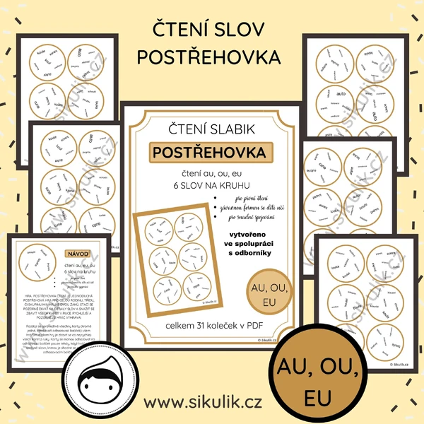 ČTENÍ SLOV postřehovka - procvičení čtení au, eu, ou ve slovech