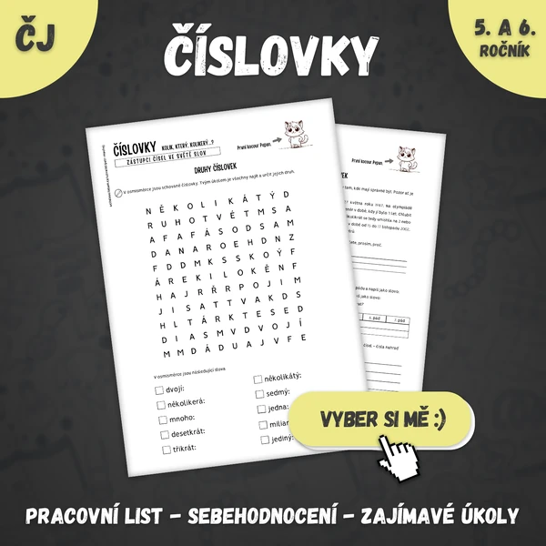 Číslovky: osmisměrka, pracovní list, sebehodnocení (č. 2)