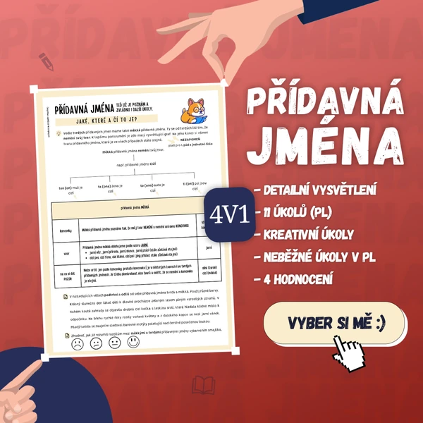 Přídavná jména - určování druhů, pracovní list, pomocná vysvětlení